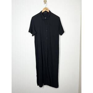 ATM Black Jersey Midi Shirt Dress Large L Button Front Pockets